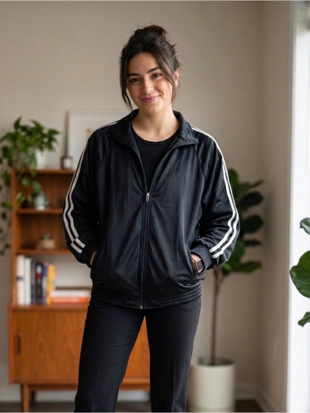 Women's Black Bomber Jacket with White Sleeve Stripes